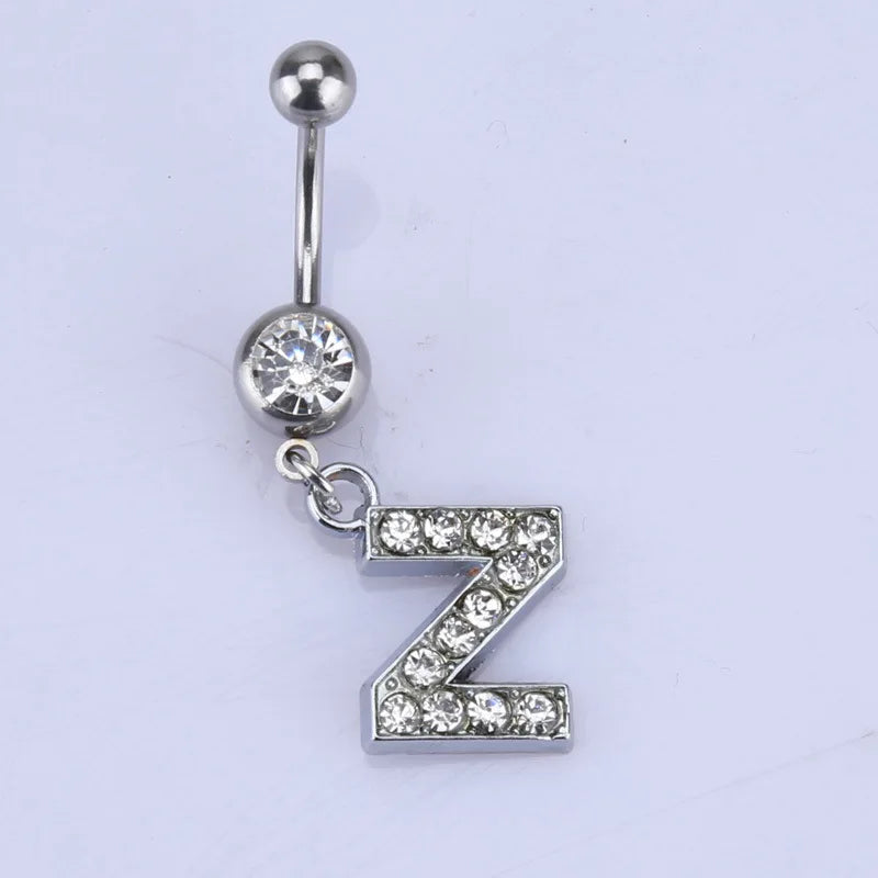 1Pc Letter Belly Button Ring Rhinestone Alphabet Pendant Navel Body Piercing Jewelry Silver Colour Nombril Piercing Gift Women