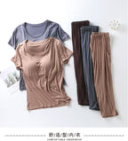 2025 summer new ladies modal pajamas two-piece suit with chest pad short-sleeved cropped trousers plus size home service set