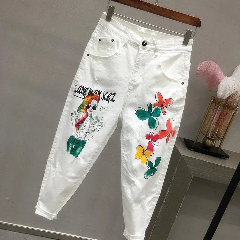 2021 New Autumn Women Jeans Cartoon Graffiti Print Pencil Pants High Waist Stretched Jeans Casual Ankle-length Pants Trousers