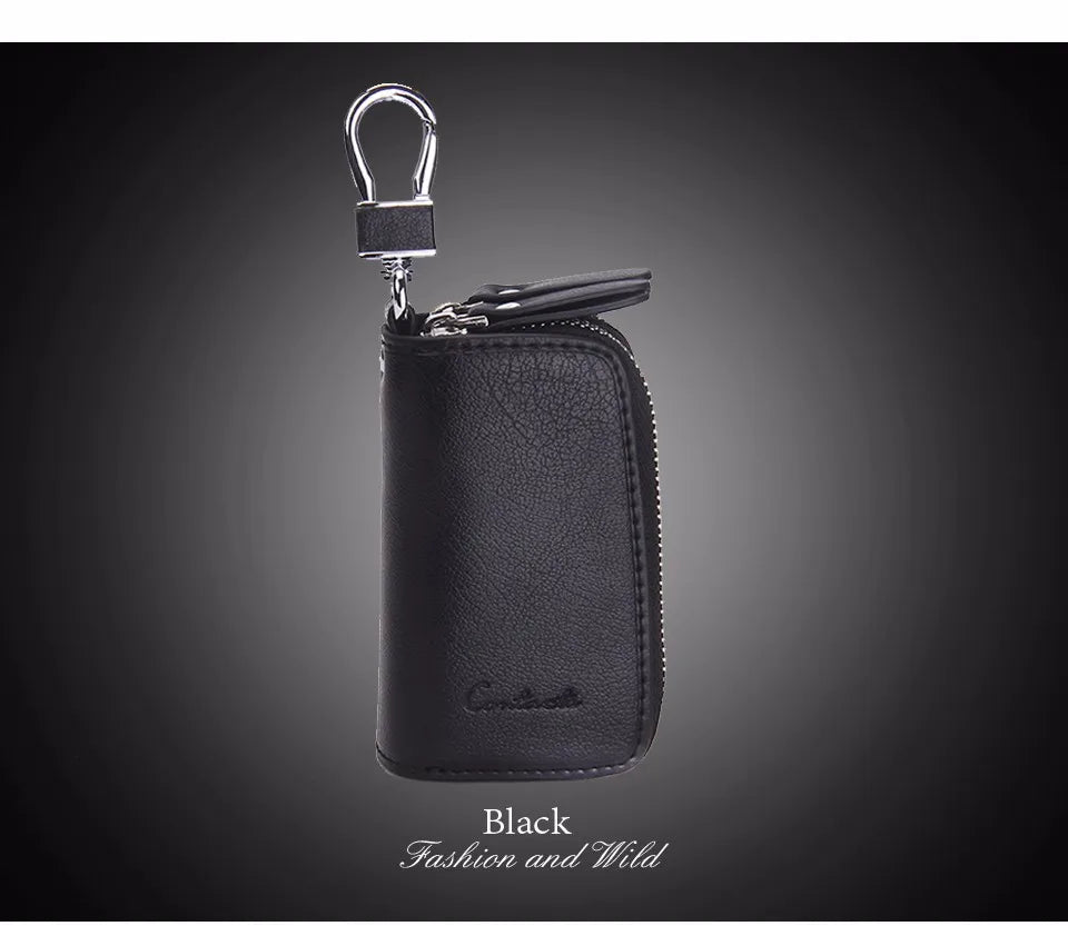 CONTACT'S Classic New Double Zip Men's Genuine Cow Leather Car Key Holder Multifunction Housekeeper  High Class Motor Key Case