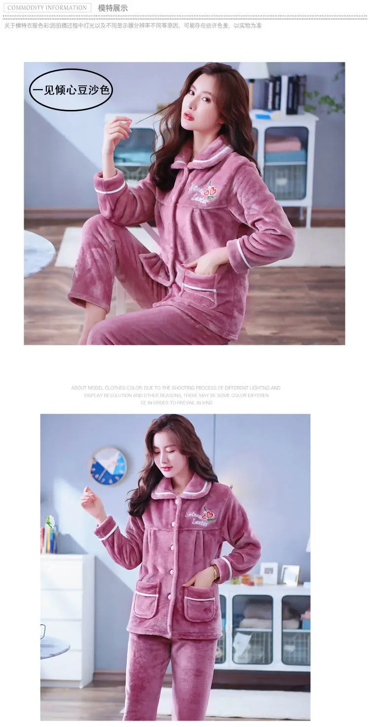 Autumn Winter Thicken Flannel Women Pajamas Set Two-piece suit Warm Loose Long-sleeve Female Casual Home service Single-breasted