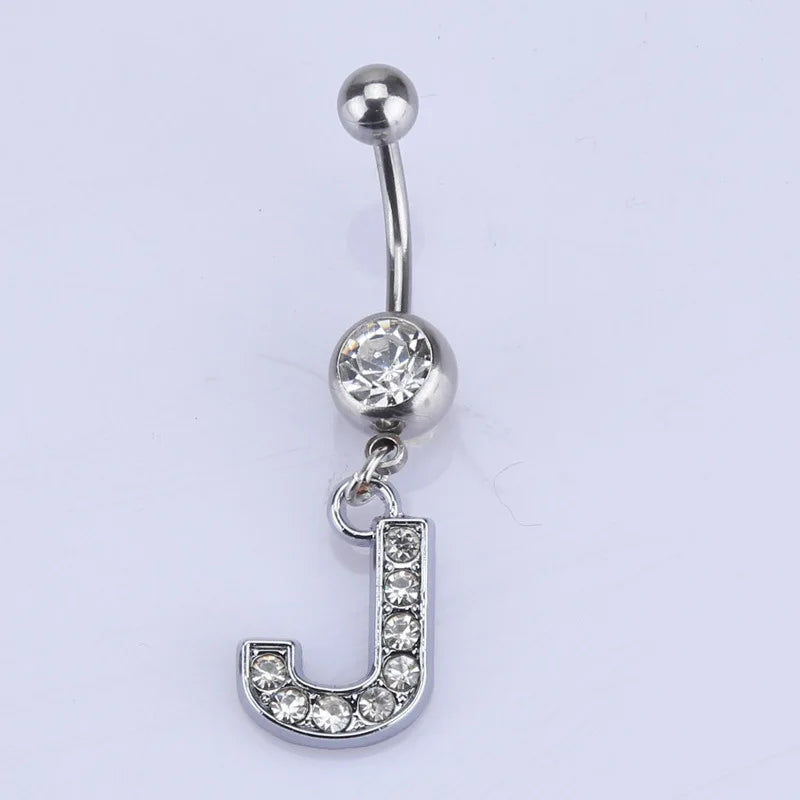 1Pc Letter Belly Button Ring Rhinestone Alphabet Pendant Navel Body Piercing Jewelry Silver Colour Nombril Piercing Gift Women