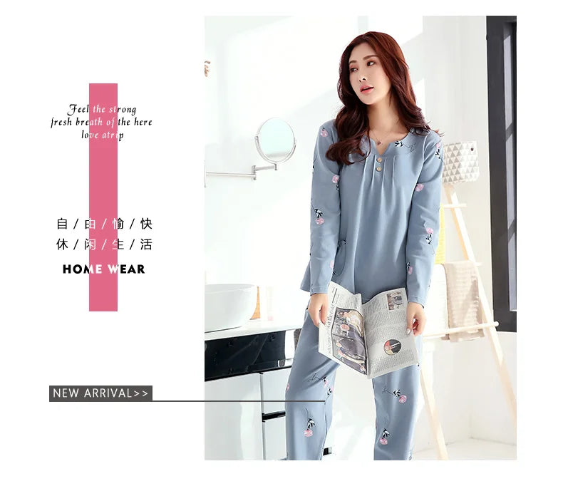 Big yards M-4XL v-neck long sleeve pajamas set for women floral print nightwear autumn cotton sleepwear nightie female pyjama