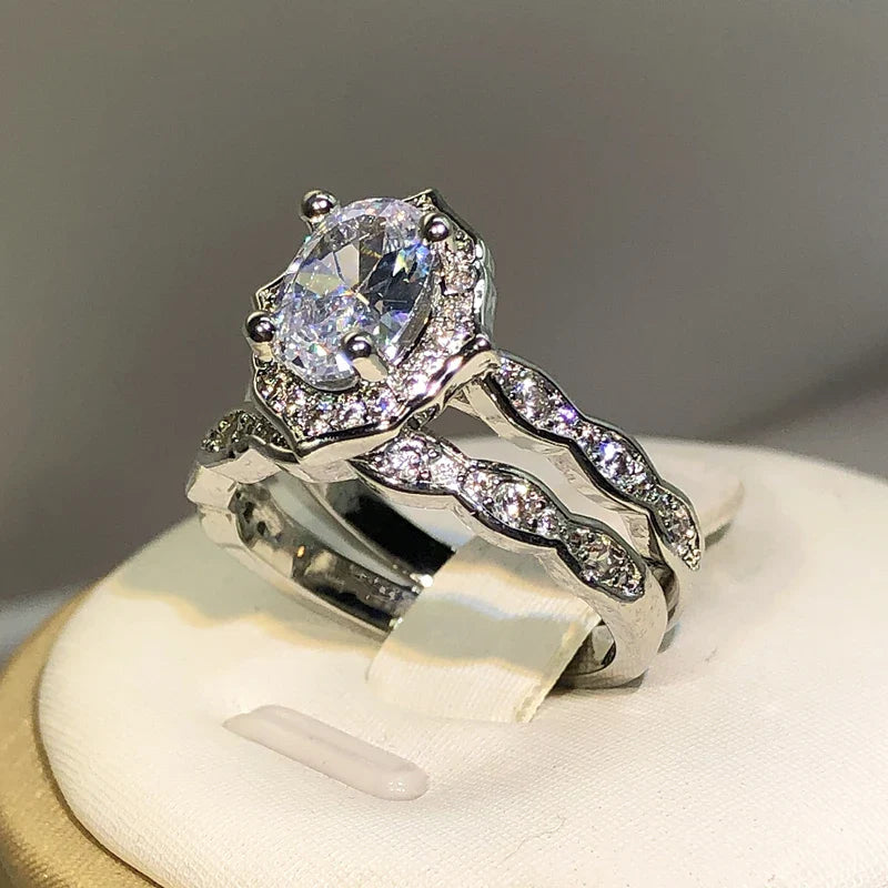 925 Silver New Arrival Four Claw Round Zircon Double Rings For Ladies Party Birthday Jewelry Gift