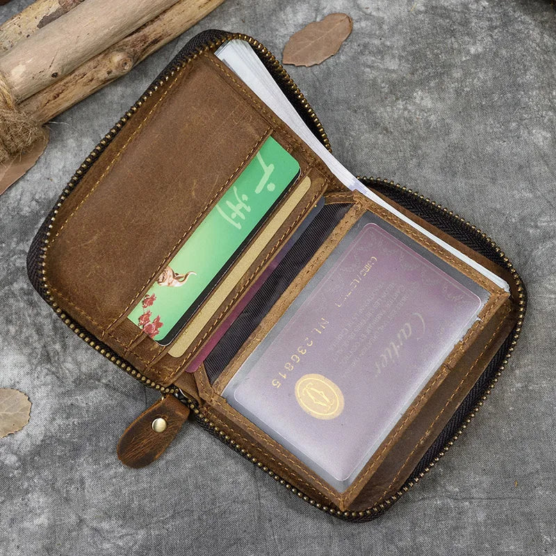 2023 New Short Wallet Men Women Vintage Fashion Card Holder Zipper Coin Purse Crazy Horse Leather Mens Slim Zipper Purse Wallet