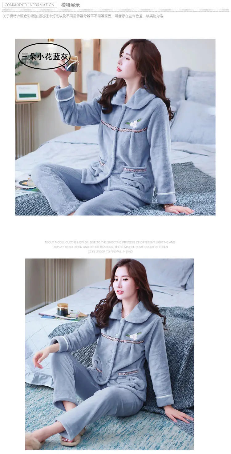 Autumn Winter Thicken Flannel Women Pajamas Set Two-piece suit Warm Loose Long-sleeve Female Casual Home service Single-breasted