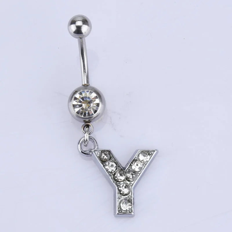 1Pc Letter Belly Button Ring Rhinestone Alphabet Pendant Navel Body Piercing Jewelry Silver Colour Nombril Piercing Gift Women