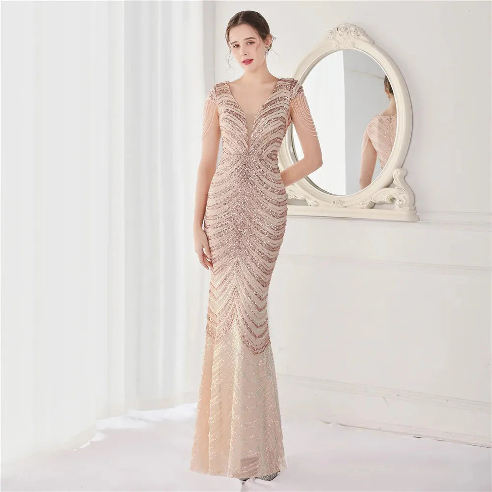 DEERVEADO Elegant V Neck Mermaid Evening Dress Long Luxury Beads Women Evening Party Dresses 2025 New Formal Dress 19085