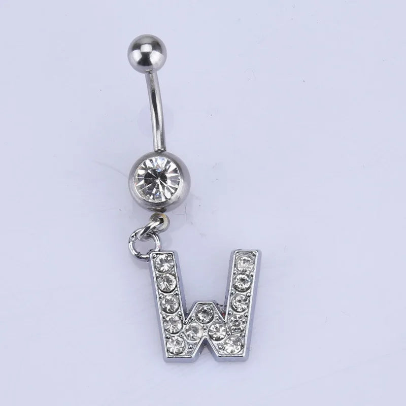 1Pc Letter Belly Button Ring Rhinestone Alphabet Pendant Navel Body Piercing Jewelry Silver Colour Nombril Piercing Gift Women