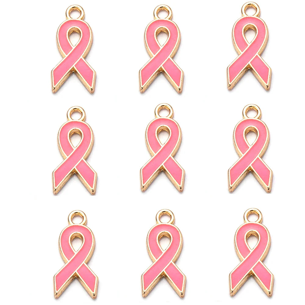 10pcs/lot Breast Cancer Awareness Ribbon Pendant Pink Ribbon Charm Pendants DIY Accessories for Women Jewelry Necklace Bracelet