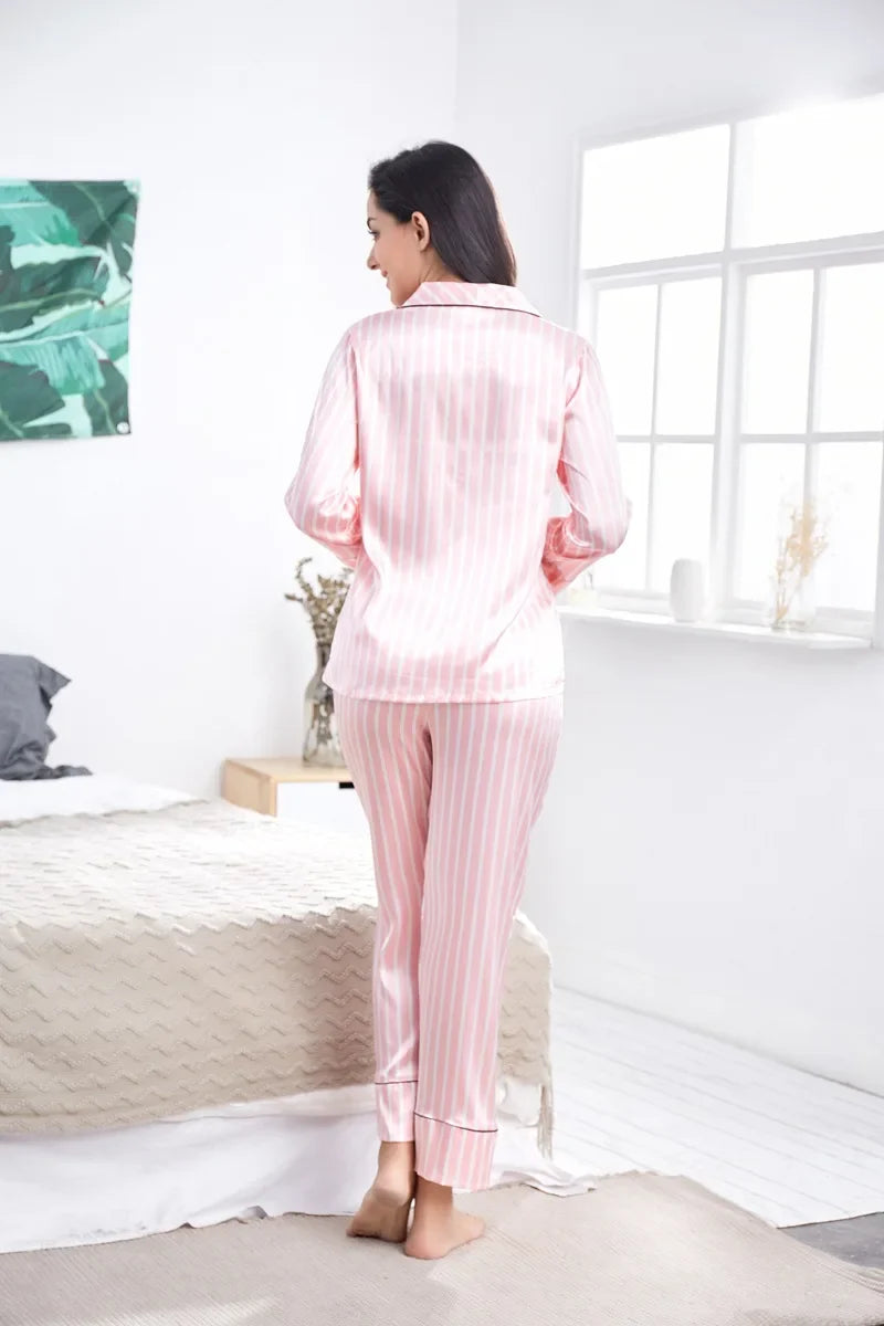 2 Piece Personalized Name Women Sleepwear Faux Silk Satin Pajamas Set Long Sleeve Sleepwear Pajamas Suit Female Homewear