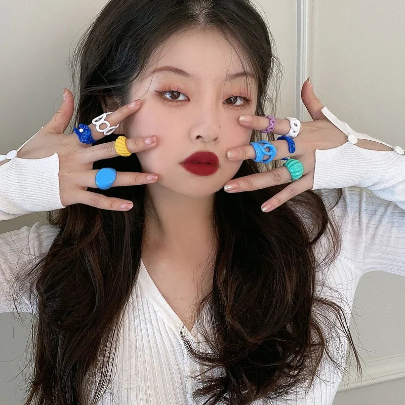 2022 Summer Colorful Ring Set Wholesale Fashion Geometric Chain Candy Color Irregular Opening Rings Women Party Finger Jewelry