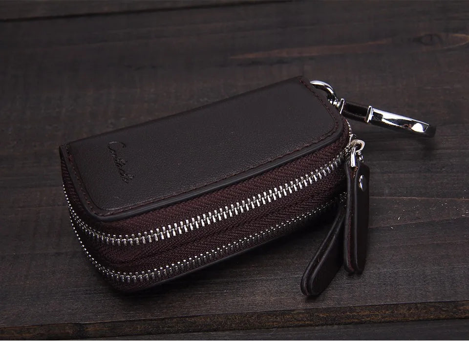 CONTACT'S Classic New Double Zip Men's Genuine Cow Leather Car Key Holder Multifunction Housekeeper  High Class Motor Key Case