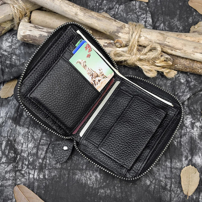 2023 New Short Wallet Men Women Vintage Fashion Card Holder Zipper Coin Purse Crazy Horse Leather Mens Slim Zipper Purse Wallet