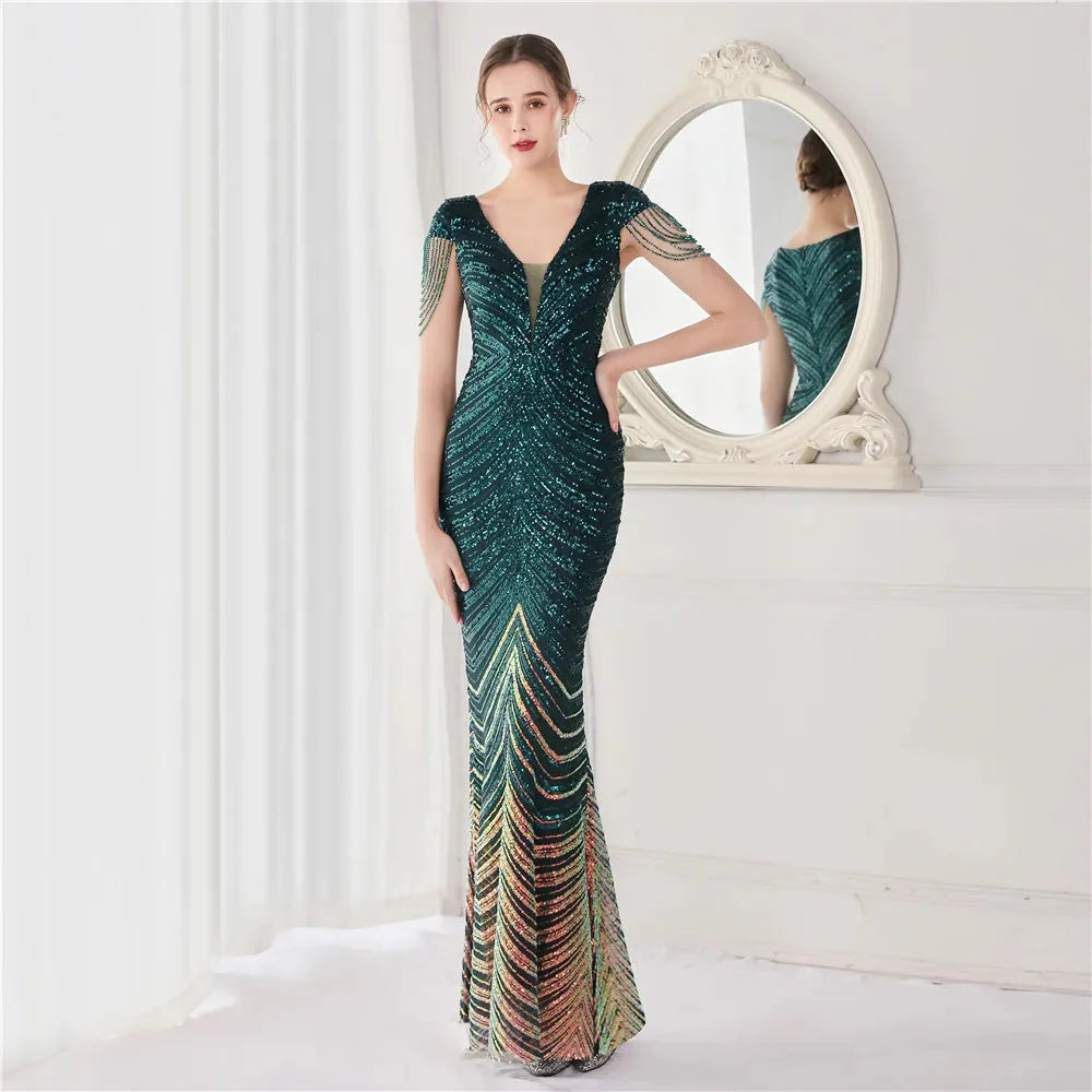 DEERVEADO Elegant V Neck Mermaid Evening Dress Long Luxury Beads Women Evening Party Dresses 2025 New Formal Dress 19085
