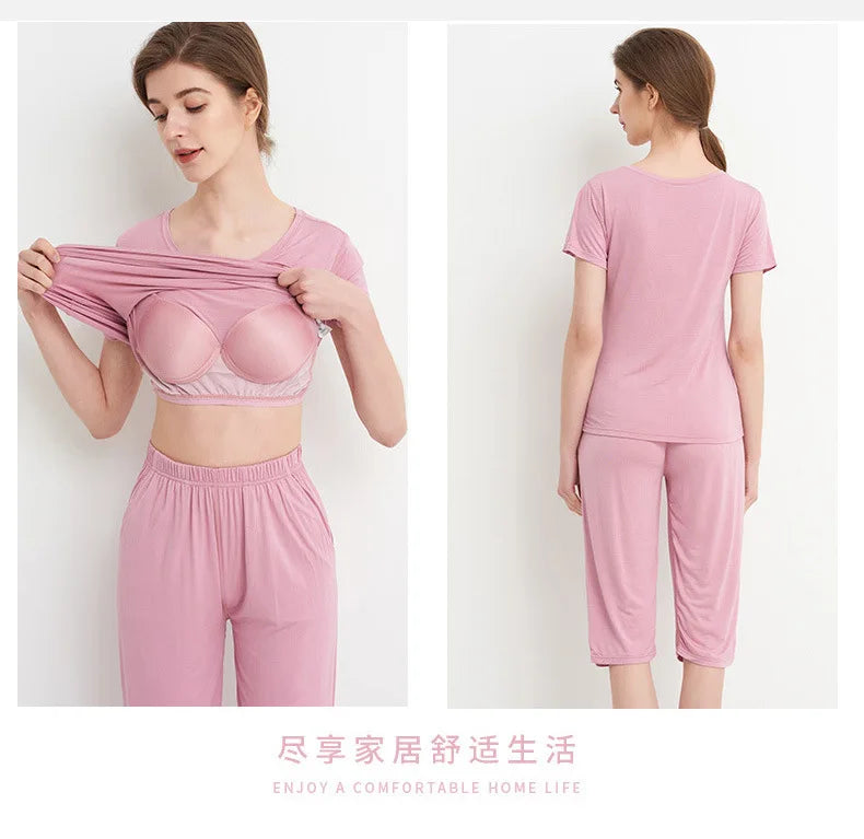 2025 summer new ladies modal pajamas two-piece suit with chest pad short-sleeved cropped trousers plus size home service set
