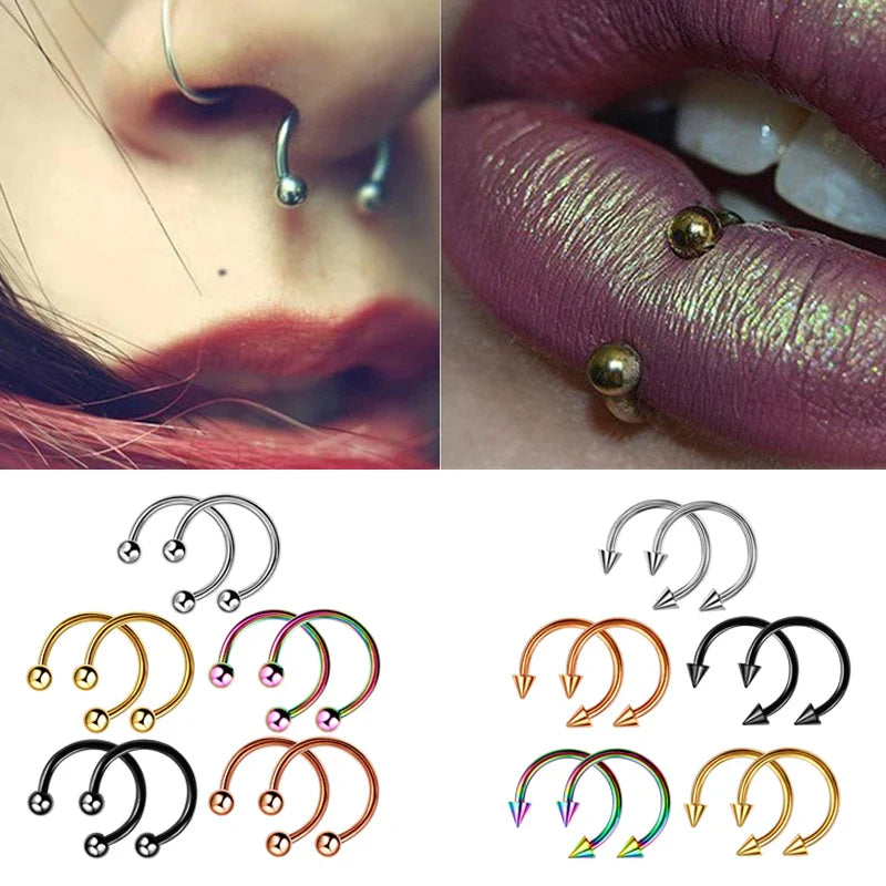 2pcs Stainless Steel Nose Hoop Ring Septum Rings Lip Studs Nostril Earrings Circular Tragus Ear Piercing Horseshoe Body Jewelry