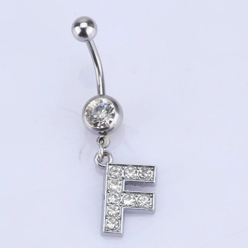 1Pc Letter Belly Button Ring Rhinestone Alphabet Pendant Navel Body Piercing Jewelry Silver Colour Nombril Piercing Gift Women