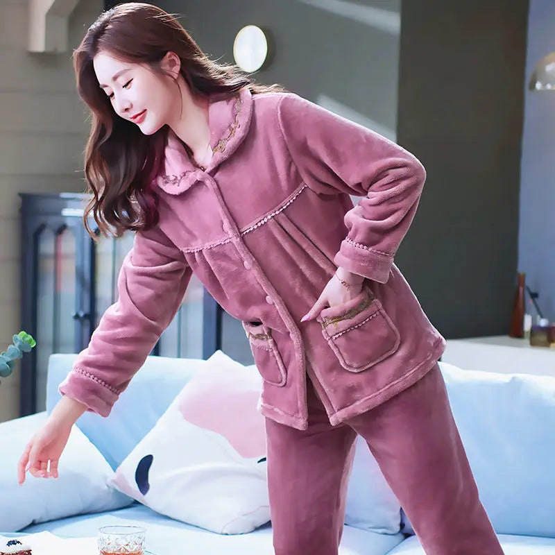 Autumn Winter Thicken Flannel Women Pajamas Set Two-piece suit Warm Loose Long-sleeve Female Casual Home service Single-breasted