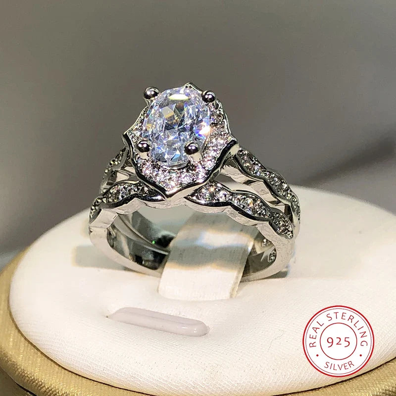 925 Silver New Arrival Four Claw Round Zircon Double Rings For Ladies Party Birthday Jewelry Gift