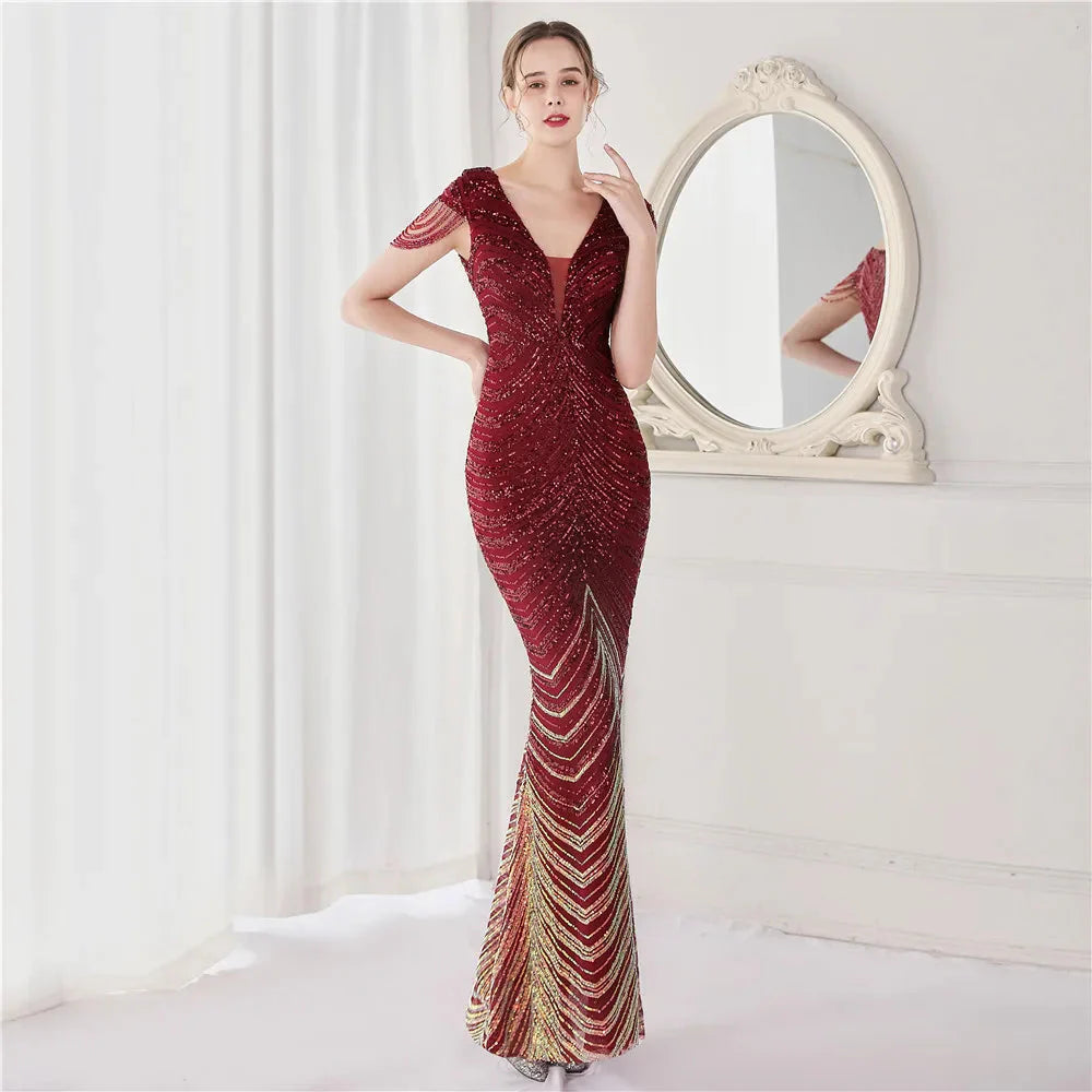 DEERVEADO Elegant V Neck Mermaid Evening Dress Long Luxury Beads Women Evening Party Dresses 2025 New Formal Dress 19085