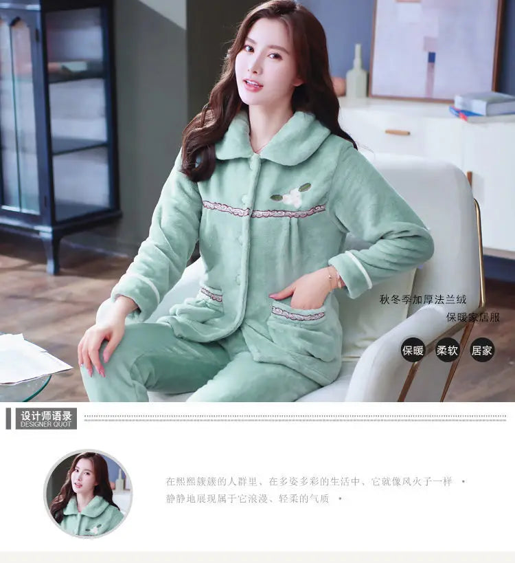 Autumn Winter Thicken Flannel Women Pajamas Set Two-piece suit Warm Loose Long-sleeve Female Casual Home service Single-breasted