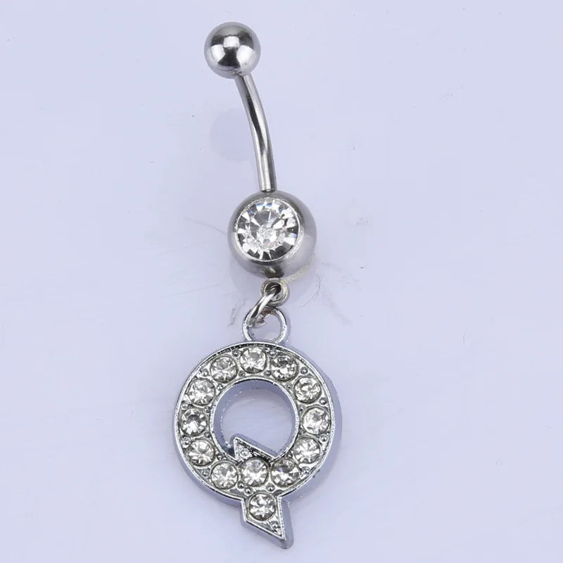 1Pc Letter Belly Button Ring Rhinestone Alphabet Pendant Navel Body Piercing Jewelry Silver Colour Nombril Piercing Gift Women