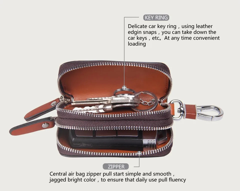 CONTACT'S Classic New Double Zip Men's Genuine Cow Leather Car Key Holder Multifunction Housekeeper  High Class Motor Key Case