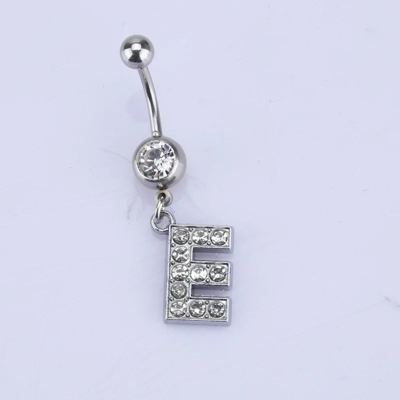 1Pc Letter Belly Button Ring Rhinestone Alphabet Pendant Navel Body Piercing Jewelry Silver Colour Nombril Piercing Gift Women