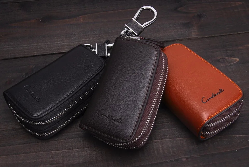 CONTACT'S Classic New Double Zip Men's Genuine Cow Leather Car Key Holder Multifunction Housekeeper  High Class Motor Key Case