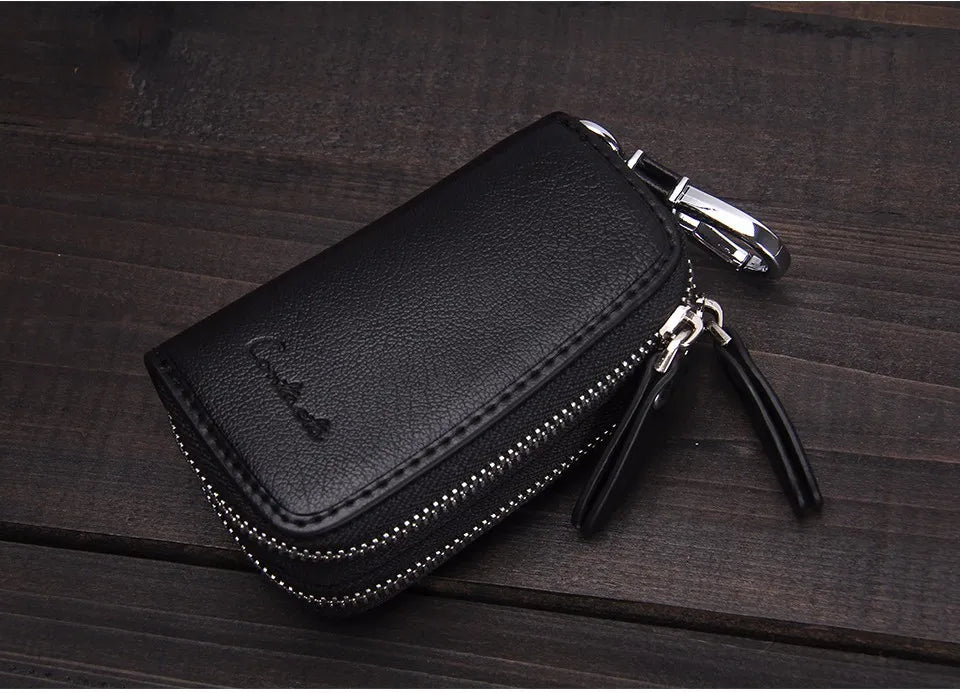 CONTACT'S Classic New Double Zip Men's Genuine Cow Leather Car Key Holder Multifunction Housekeeper  High Class Motor Key Case