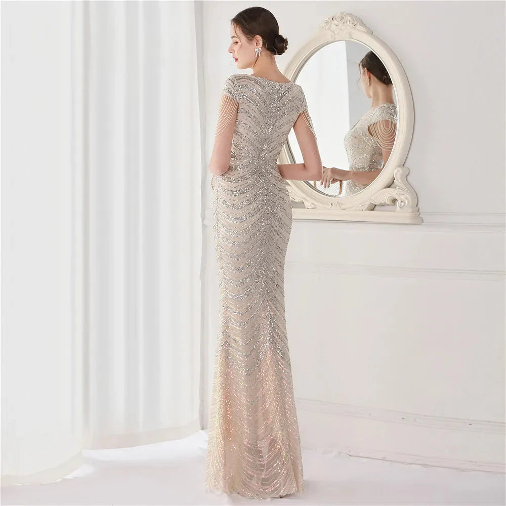 DEERVEADO Elegant V Neck Mermaid Evening Dress Long Luxury Beads Women Evening Party Dresses 2025 New Formal Dress 19085