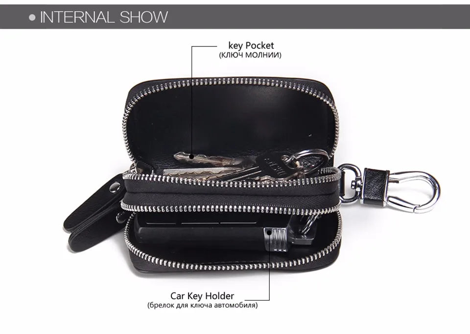 CONTACT'S Classic New Double Zip Men's Genuine Cow Leather Car Key Holder Multifunction Housekeeper  High Class Motor Key Case