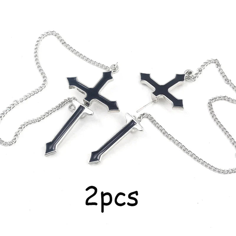 2Pcs Vintage Black Cross Earrings Punk Goth Long Chain Harajuku Streetwear Unisex Stud Earrings For Women Men Korean Jewelry