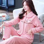 Autumn Winter Thicken Flannel Women Pajamas Set Two-piece suit Warm Loose Long-sleeve Female Casual Home service Single-breasted