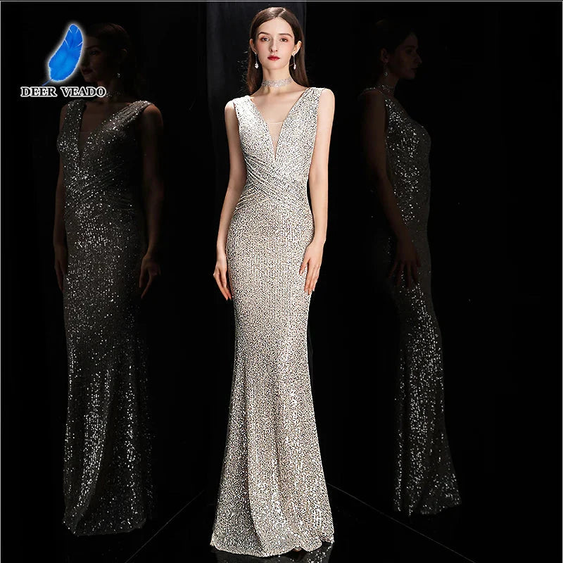 DEERVEADO Elegant V Neck Sequin Evening Dress Long 2025 New Women Mermaid Formal Dress Party Gown Bodycon Maxi Prom Dress