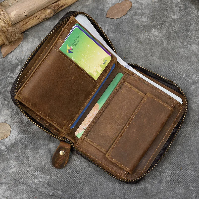 2023 New Short Wallet Men Women Vintage Fashion Card Holder Zipper Coin Purse Crazy Horse Leather Mens Slim Zipper Purse Wallet