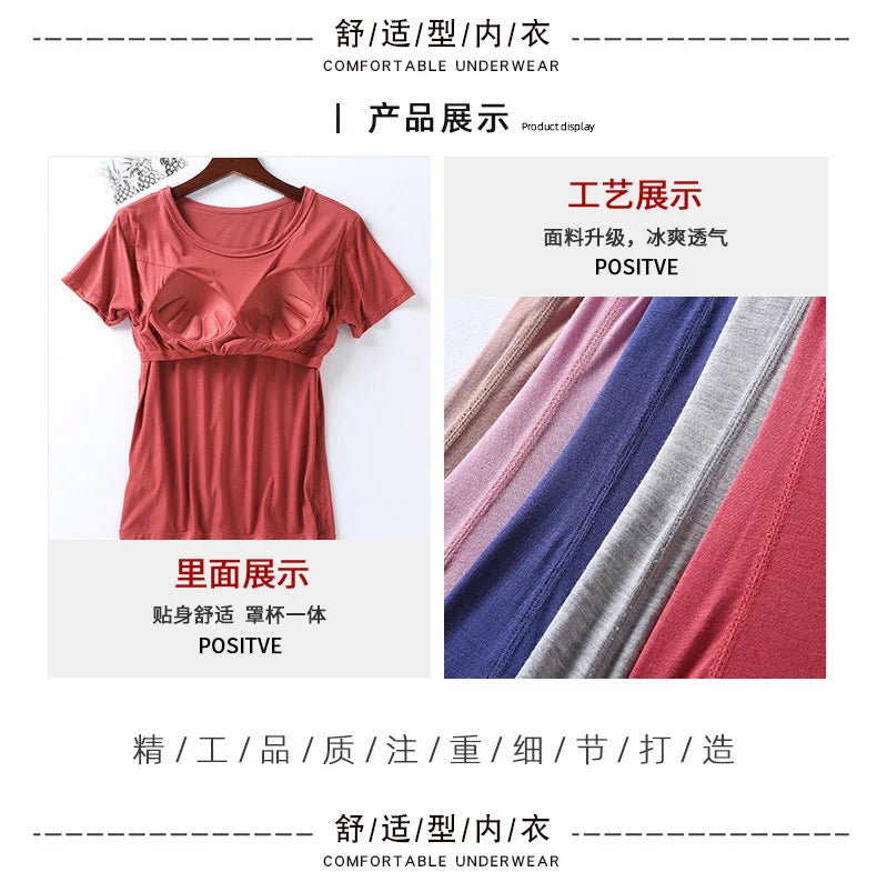 2025 summer new ladies modal pajamas two-piece suit with chest pad short-sleeved cropped trousers plus size home service set