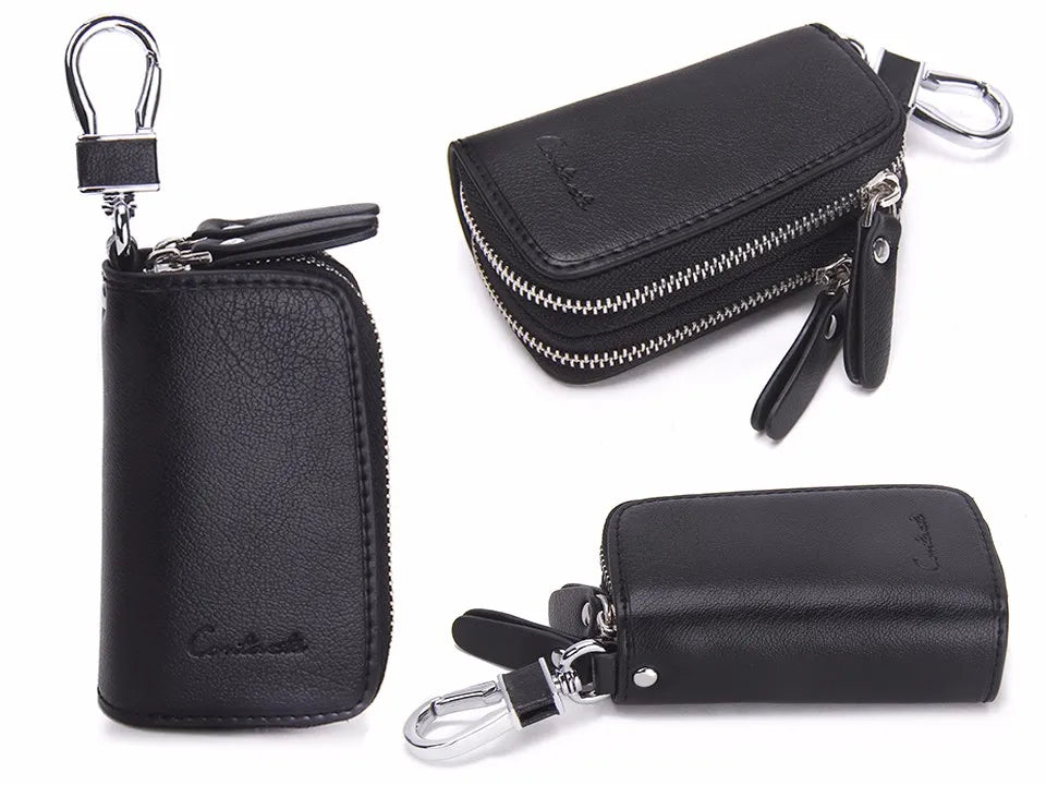 CONTACT'S Classic New Double Zip Men's Genuine Cow Leather Car Key Holder Multifunction Housekeeper  High Class Motor Key Case