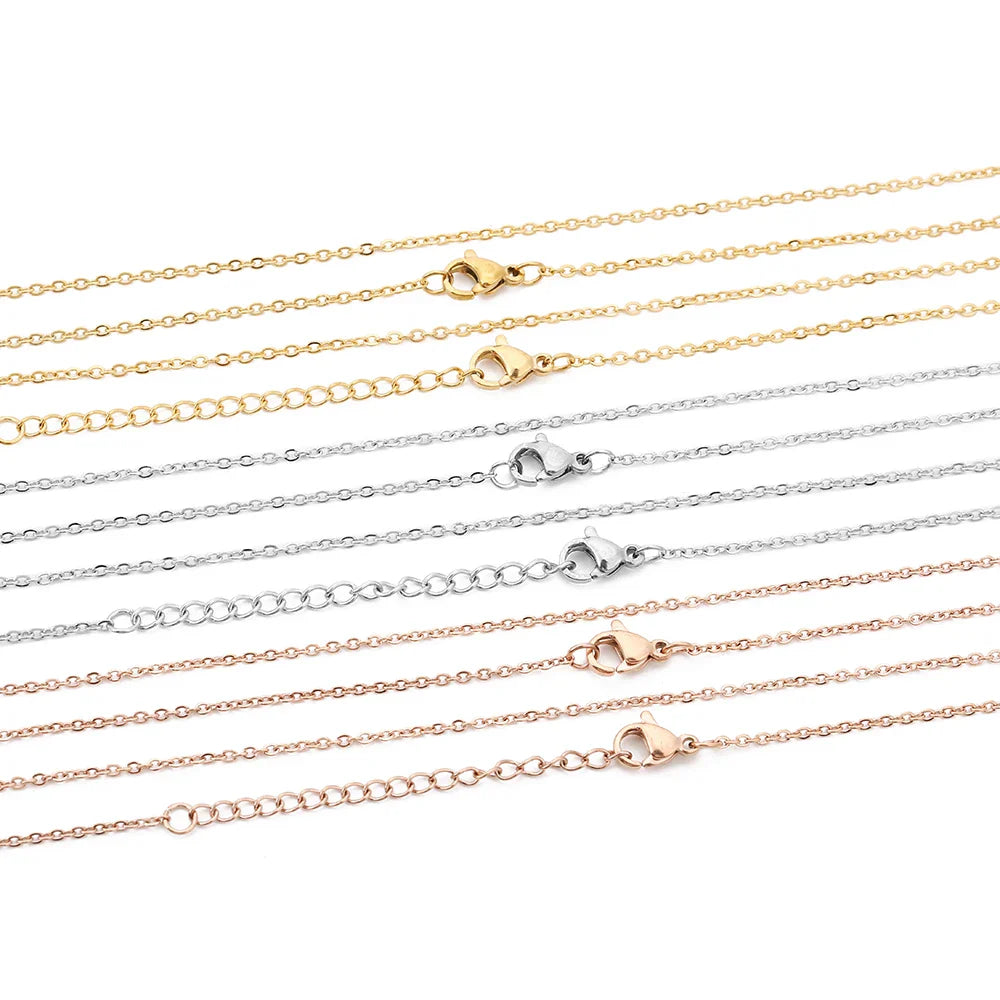 AHKNORMAILCUI 5pcs/Lot Stainless Steel 1 1.5 2mm Rolo Link Chain Necklace Gold 40 45 50 60CM Long Chain Lobster Clasp Necklace