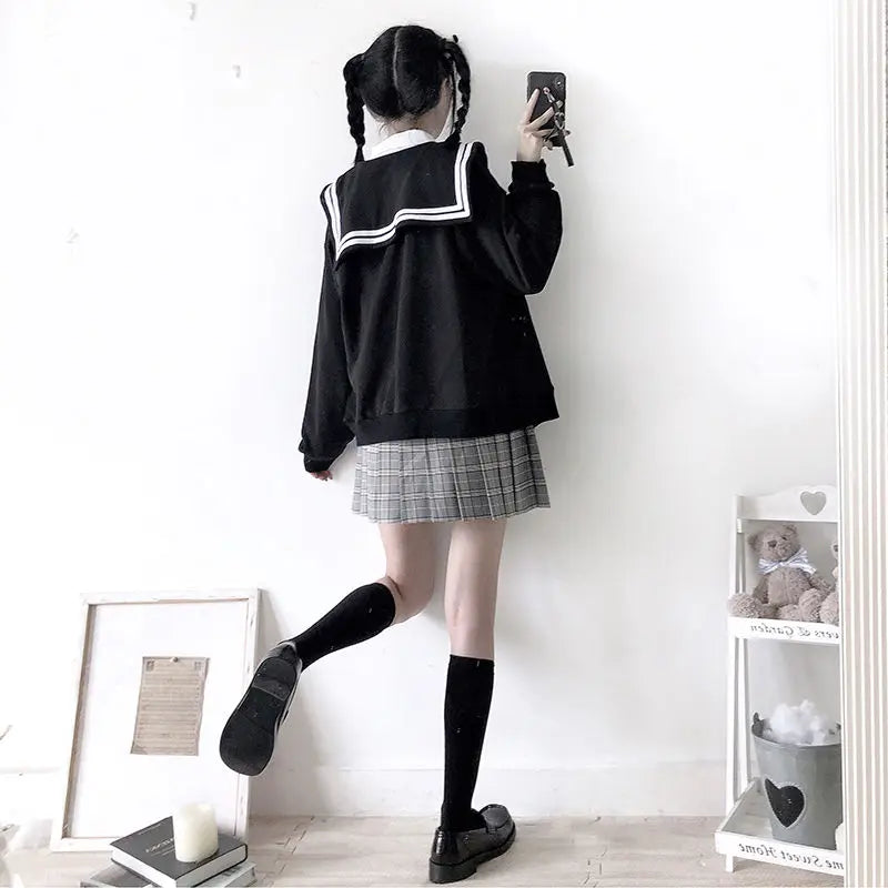 Deeptown Kawaii Zip Up Hoodies Black Japanese Preppy Style Sailor Collar Sweatshirts Sweet Lolita Coats Loose Cute Top Soft Girl