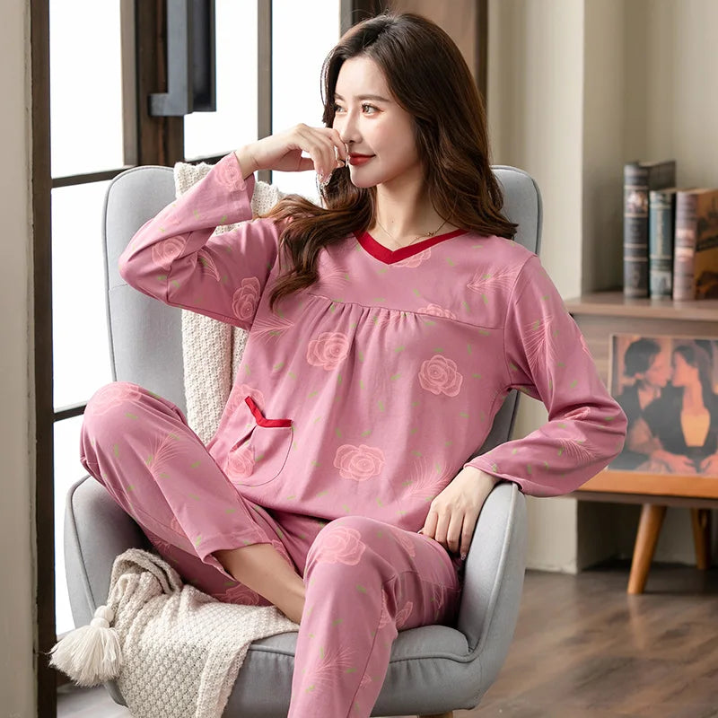 Big yards M-4XL v-neck long sleeve pajamas set for women floral print nightwear autumn cotton sleepwear nightie female pyjama