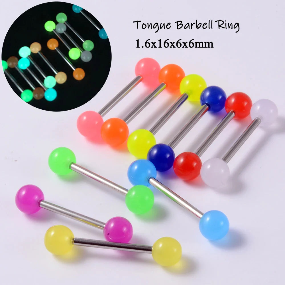 10/14pcs/Set Luminous Surgical Steel Tongue BCR Navel Belly Ring Acrylic Glow in the Dark Ball Labret Stud Body Piercing Jewelry