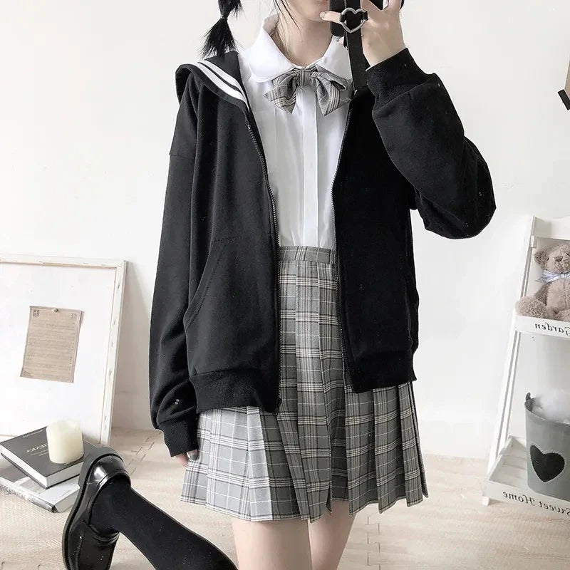 Deeptown Kawaii Zip Up Hoodies Black Japanese Preppy Style Sailor Collar Sweatshirts Sweet Lolita Coats Loose Cute Top Soft Girl
