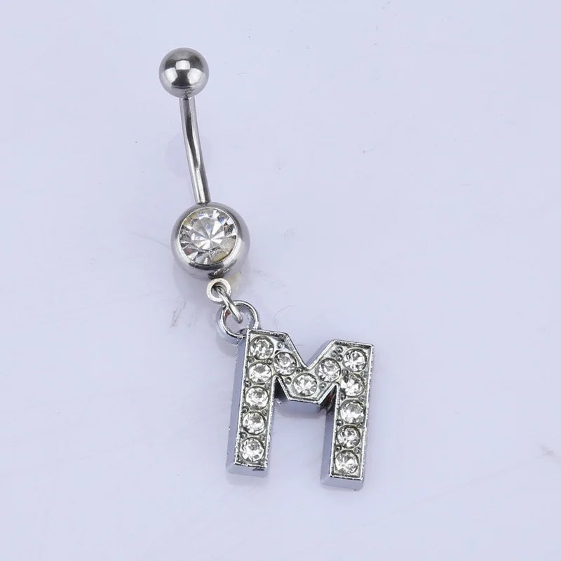 1Pc Letter Belly Button Ring Rhinestone Alphabet Pendant Navel Body Piercing Jewelry Silver Colour Nombril Piercing Gift Women