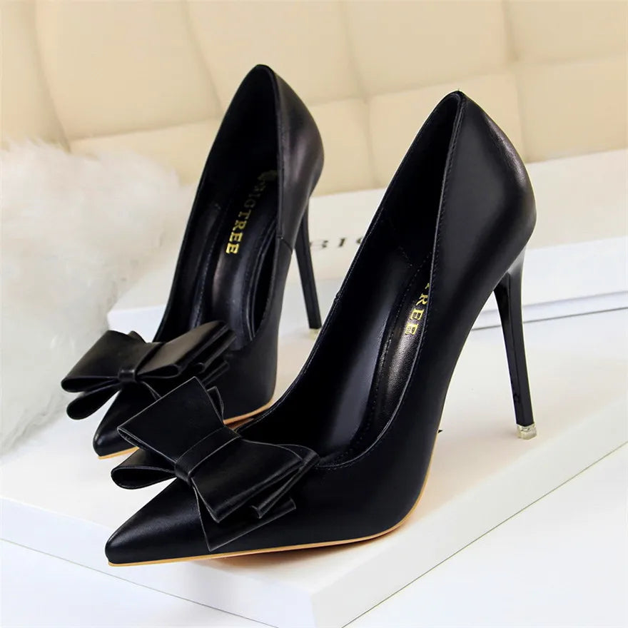 BIGTREE Red Blue Black Shoes Bowknot Sweet Woman Pumps Soft Leather Pointy Toe Women High Heels Stiletto Dress Office Lady Shoes