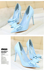 BIGTREE Red Blue Black Shoes Bowknot Sweet Woman Pumps Soft Leather Pointy Toe Women High Heels Stiletto Dress Office Lady Shoes