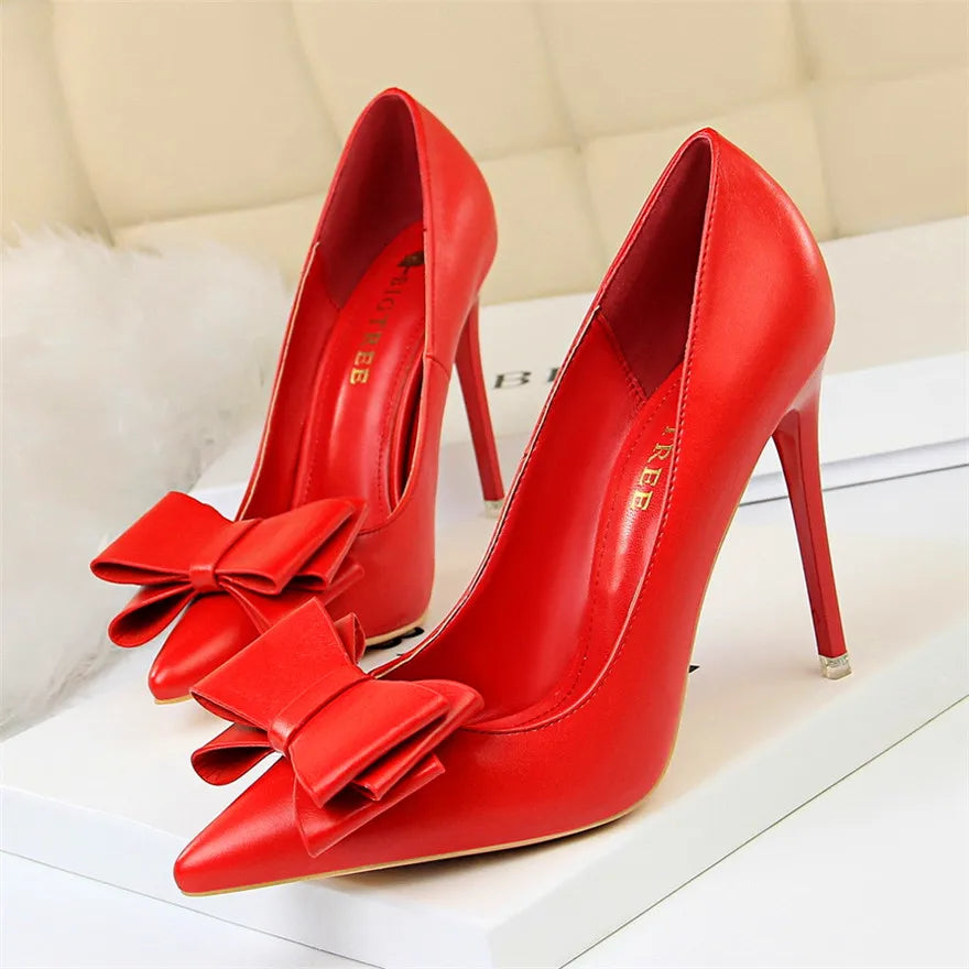 BIGTREE Red Blue Black Shoes Bowknot Sweet Woman Pumps Soft Leather Pointy Toe Women High Heels Stiletto Dress Office Lady Shoes