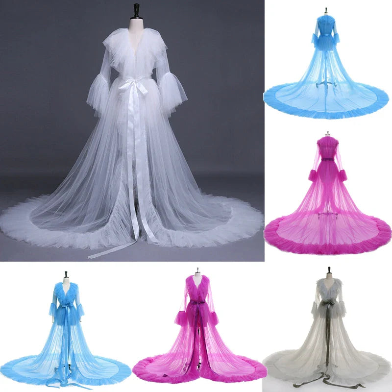 Combhasaki Women Lingerie Lace Sheer Mesh Tulle Perspective V neck layered Ruffle Maxi Floor Long Bath Robe Gown Sleepwear Dress