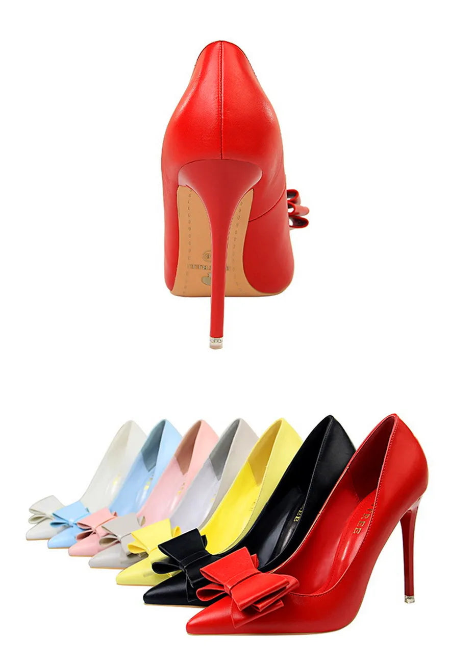 BIGTREE Red Blue Black Shoes Bowknot Sweet Woman Pumps Soft Leather Pointy Toe Women High Heels Stiletto Dress Office Lady Shoes